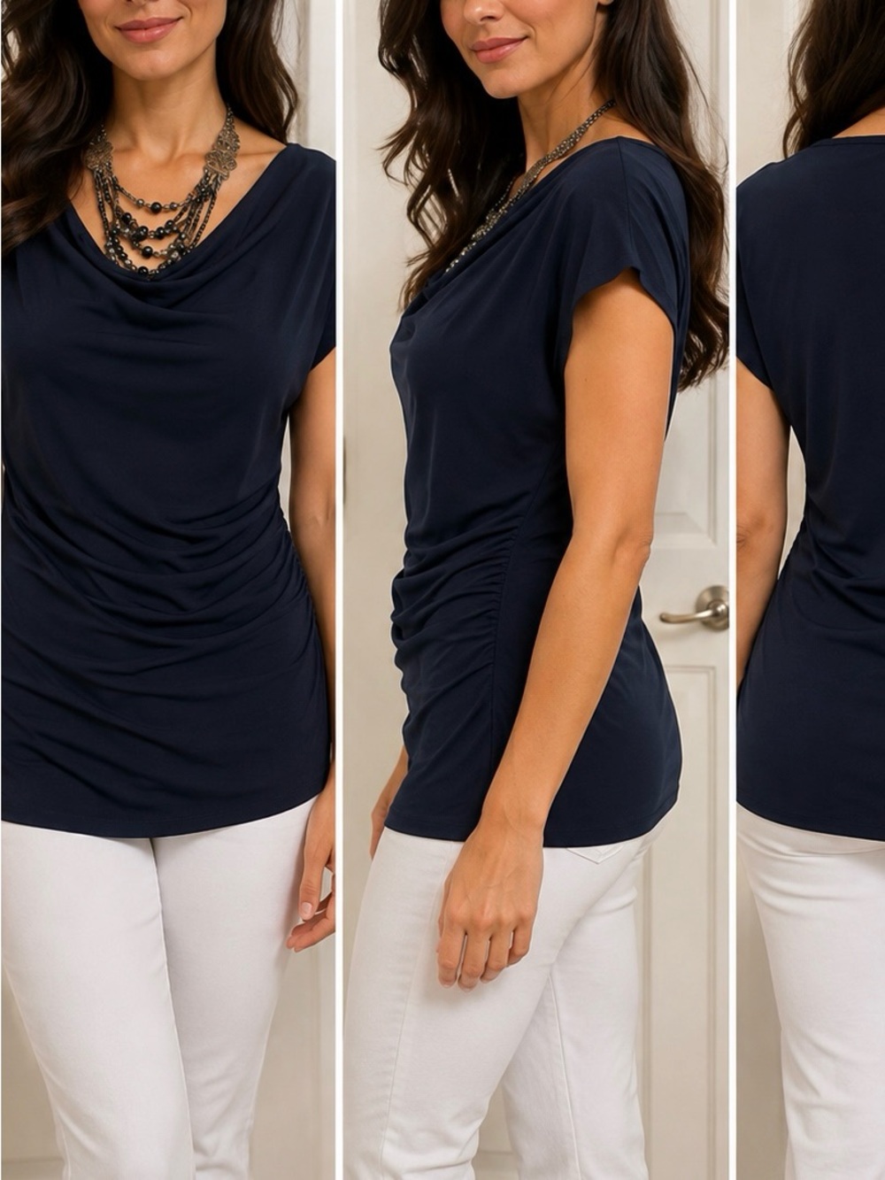 New York & Company Navy One-Shoulder Drape Tunic